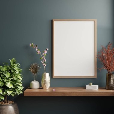 Mockup poster frame in minimalist interior background with dark wall.3d rendering