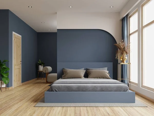 Dark bed and mockup dark blue wall in bedroom interior.3d rendering