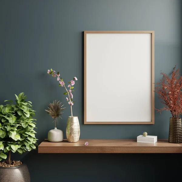 Mockup poster frame in minimalist interior background with dark wall.3d rendering