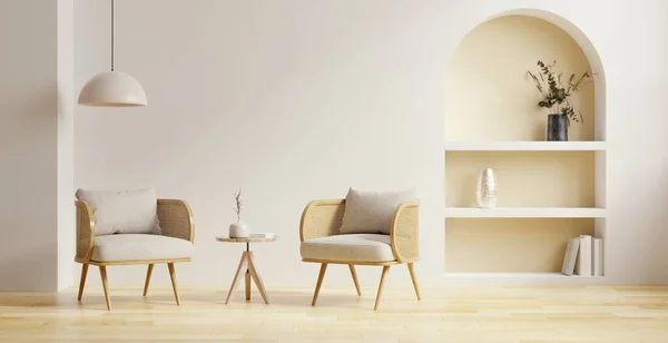 Living room interior wall mockup in warm tones with two armchair in cream color and white wall background.3d rendering