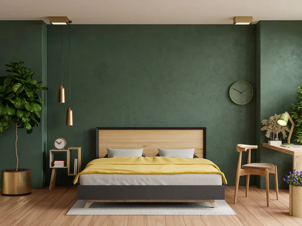 Mockup wall in bedroom interior background on green wall background.3d rendering
