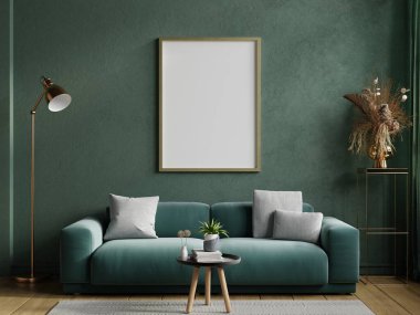 Poster mockup with vertical frame on empty dark green wall with green velvet sofa.3d rendering