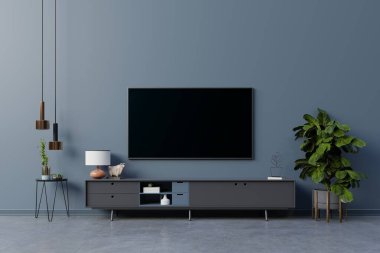 Oturma odasındaki koyu mavi duvarda LED TV, 3D tasarım