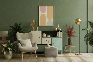 Mockup green wall with gray armchair and decor in living room.3d rendering
