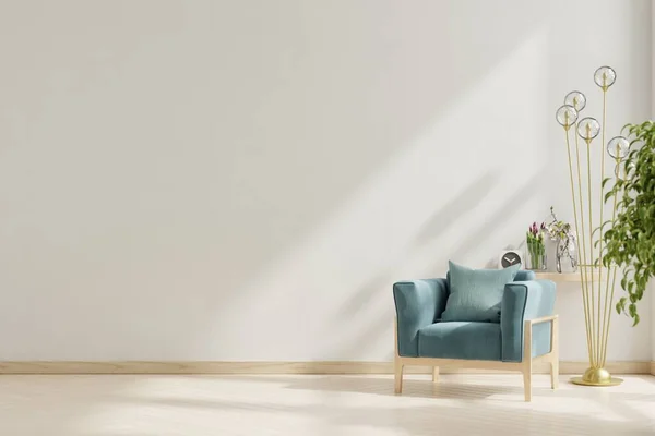 Wall mock up in warm tones with blue armchair on white wall background.3d rendering