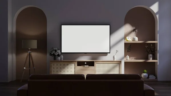 Dark wall in night time have tv on wood cabinet in living room with sofa.3d rendering