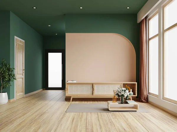 Living room with cabinet for tv in dark green color wall,minimalist muji style.3d rendering