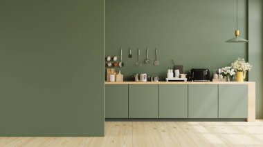 Green kitchen and minimalist interior design.3d rendering