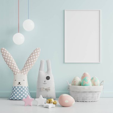 Mockup poster frame in children room,kids room,Easter day.3d rendering