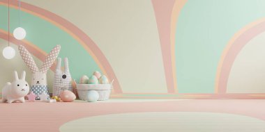 Çocuk odasında, çocuk odasında, Paskalya günü 3D 'de, pastel ışıklı sıva duvarını taklit et.