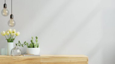 Wall mock up with flower vase,light blue color wall and wooden cabinet.3d rendering