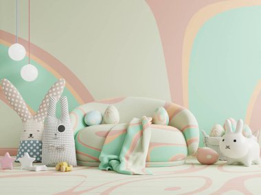 Mock up pastel light stucco wall in children room,minimal sofa,Easter day.3d rendering