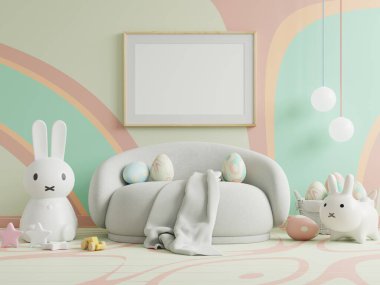 Mock up pastel light stucco wall in children room,poster frame mockup,Easter day.3d rendering