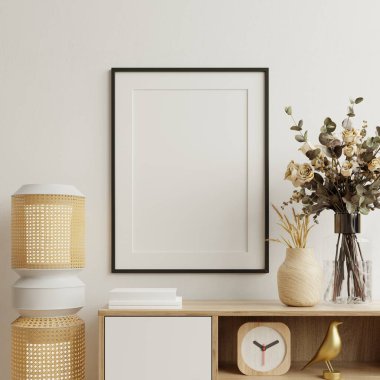 Poster mockup with vertical black frame in home interior background.3d rendering