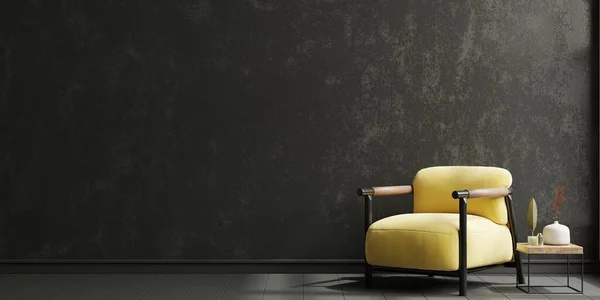 Living room with yellow armchair on empty dark wall background.3d rendering