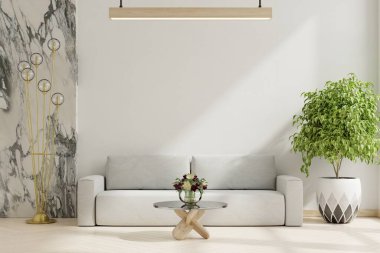 Oturma odası. Kanepe boş beyaz duvarda. 33D görüntüleme.