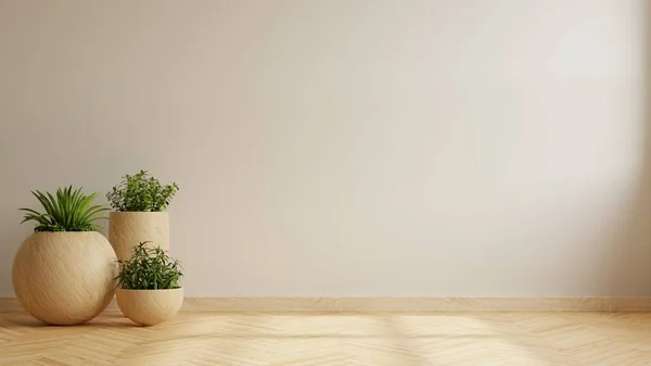 stock image Wall mockup with plant set on wooden flooring.3d rendering