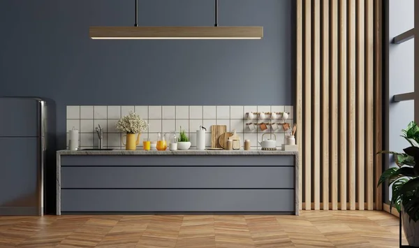 Сучасний Стиль Дизайну Інтер Єру Кухні Темно Синьою Стіною Візуалізація — стокове фото