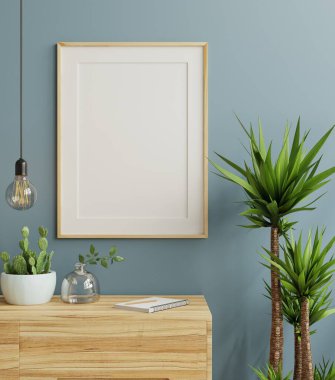 Oturma odasındaki dolabın üzerindeki çerçeve. İçi boş mavi duvar. Arkaplan 33D.