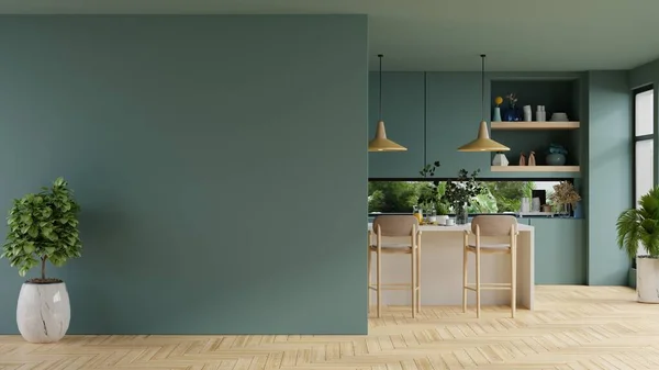 Green kitchen room and minimalist interior design.3d rendering