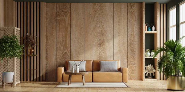 革のソファと木製の壁の背景に装飾とインテリアリビングルームの壁のモックアップ — ストック写真