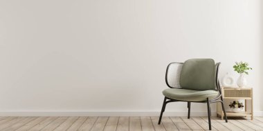 Boş beyaz oda 33D üzerinde yeşil koltuklu duvar boşluğunun modern minimalist iç mekanı