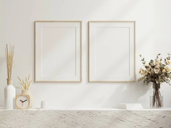 Mockup Cornice Due Poster Minimalista Sfondo Interno Con Bianco Parete — Foto Stock