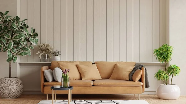 革のソファと暖かいベージュの背景に装飾が施されたモダンなリビングルーム — ストック写真