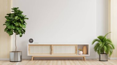 Mokup beyaz duvar arkaplanı, modern oturma odası dekorasyonu ve 33D televizyon kabini.