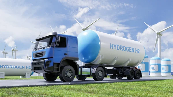 Hydrogen gas transportation concept with truck gas tank trailer.3d rendering