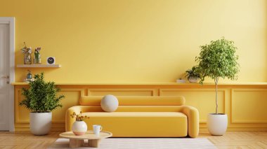 Oturma odasının içi sarı kanepede boş duvarda 33D görüntüleme.