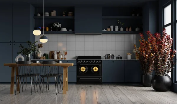 Estilo Cocina Azul Oscuro Minimalista Diseño Interior Renderizado —  Fotos de Stock