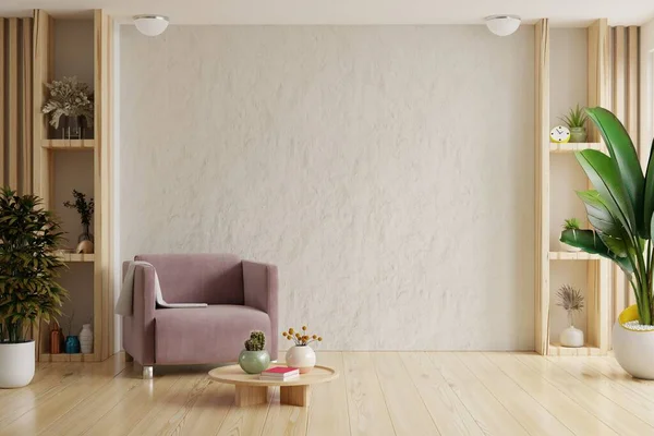 Modern minimalist interior with an pink armchair on empty a white cement wall.3d rendering