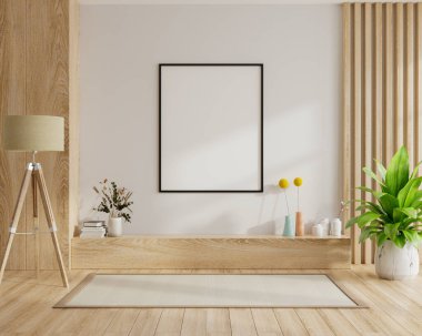 Oturma odasının iç tarafındaki dolapta sahte poster çerçevesi, İskandinav tarzı 3D tasarımı