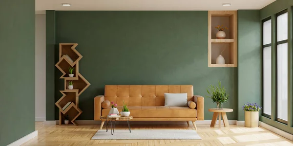 Dark green wall interior living room have orange leather sofa and decoration minimal.3d rendering