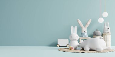 Duvardaki çocuk odasındaki model duvar mavi arka plan 3D.