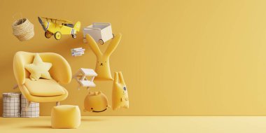 Duvardaki sarı arka plan renklerinde çocuk odası iç tasarım konsepti indirimi