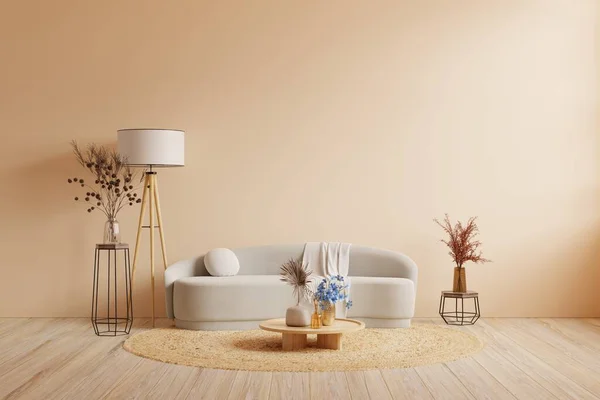 Modern minimalist interior wall mockup with sofa and decor on cream color wall.3d rendering