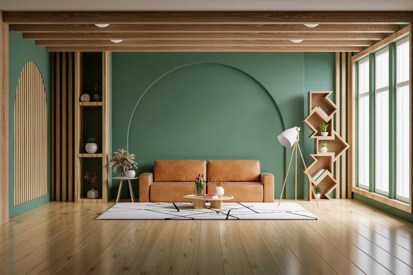 Green Wall Interior Living Room Have Orange Leather Sofa Decoration — Stock Photo, Image