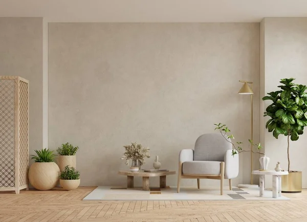 Modern minimal interior with an gray armchair on empty concrete cream color wall background.3d rendering