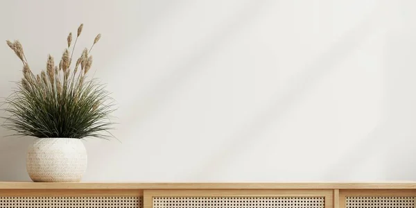 stock image Mockup white wall background empty room with plants on a wooden cabinet.3d rendering