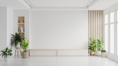 İskandinav dekoru 3D oturma odasındaki televizyon dolabı.