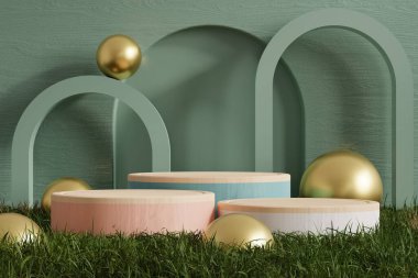 Ürün sunumu için soyut koyu yeşil oda kompozisyonu 3D sunumu