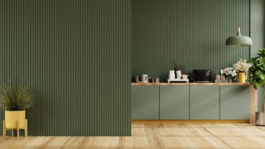 Green kitchen and minimalist interior design.3d rendering