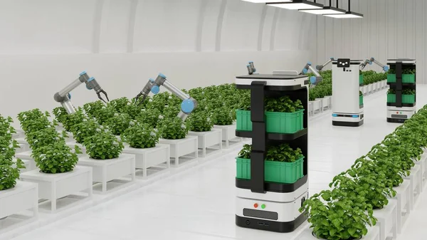 ロボット農業の未来的な概念では 農業技術と農場の自動化 3Dレンダリング — ストック写真