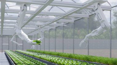 AI akıllı robotik çiftçiler konsepti, tarım teknolojisi otomatikleştirmesi 3D