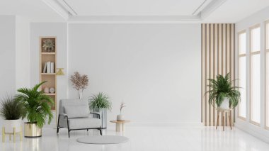 Modern minimalist interior with an armchair on empty white color wall background.3d rendering