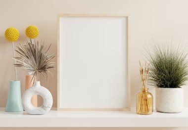 Evin arka planında dikey ahşap çerçeveli maket poster 33D