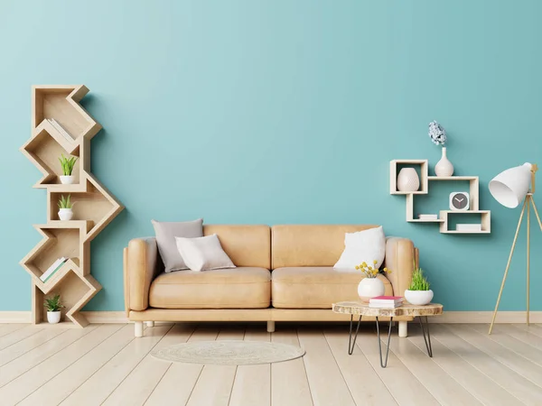 Interior Living Room Wall Mockup Leather Sofa Decor Blue Background — Stock Photo, Image