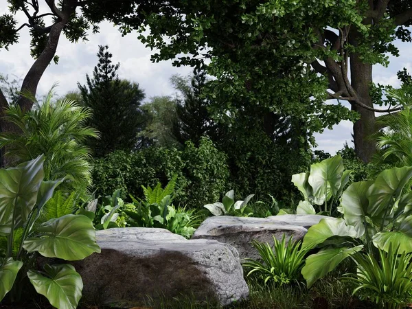 Rock stone podium in tropical forest for pedestal for product display.3d rendering